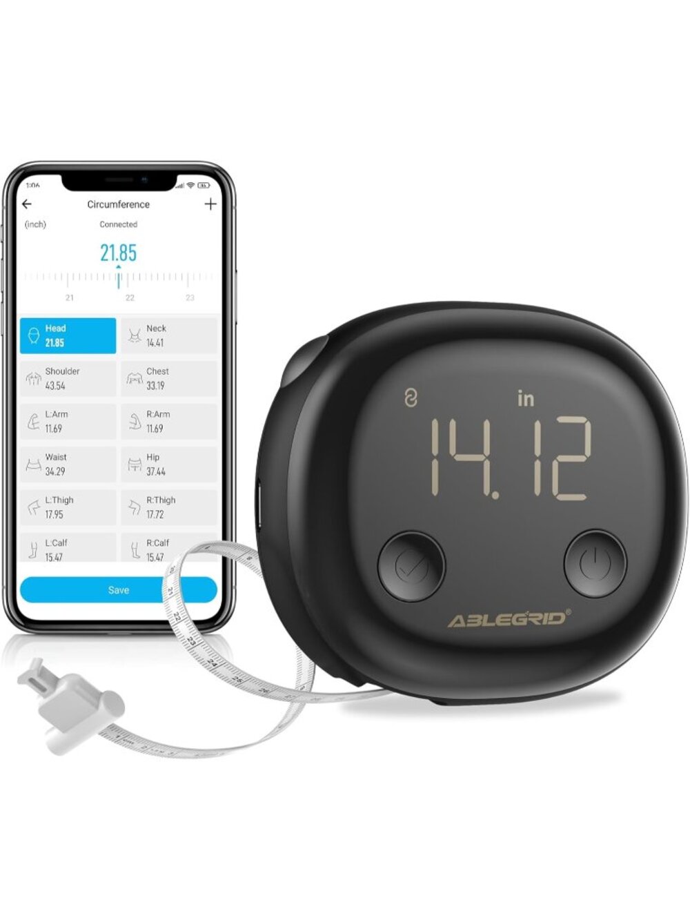 ABLEGRID Smart Body Tape Measure, Rechargeable Body Measuring Tape w Fitdays APP